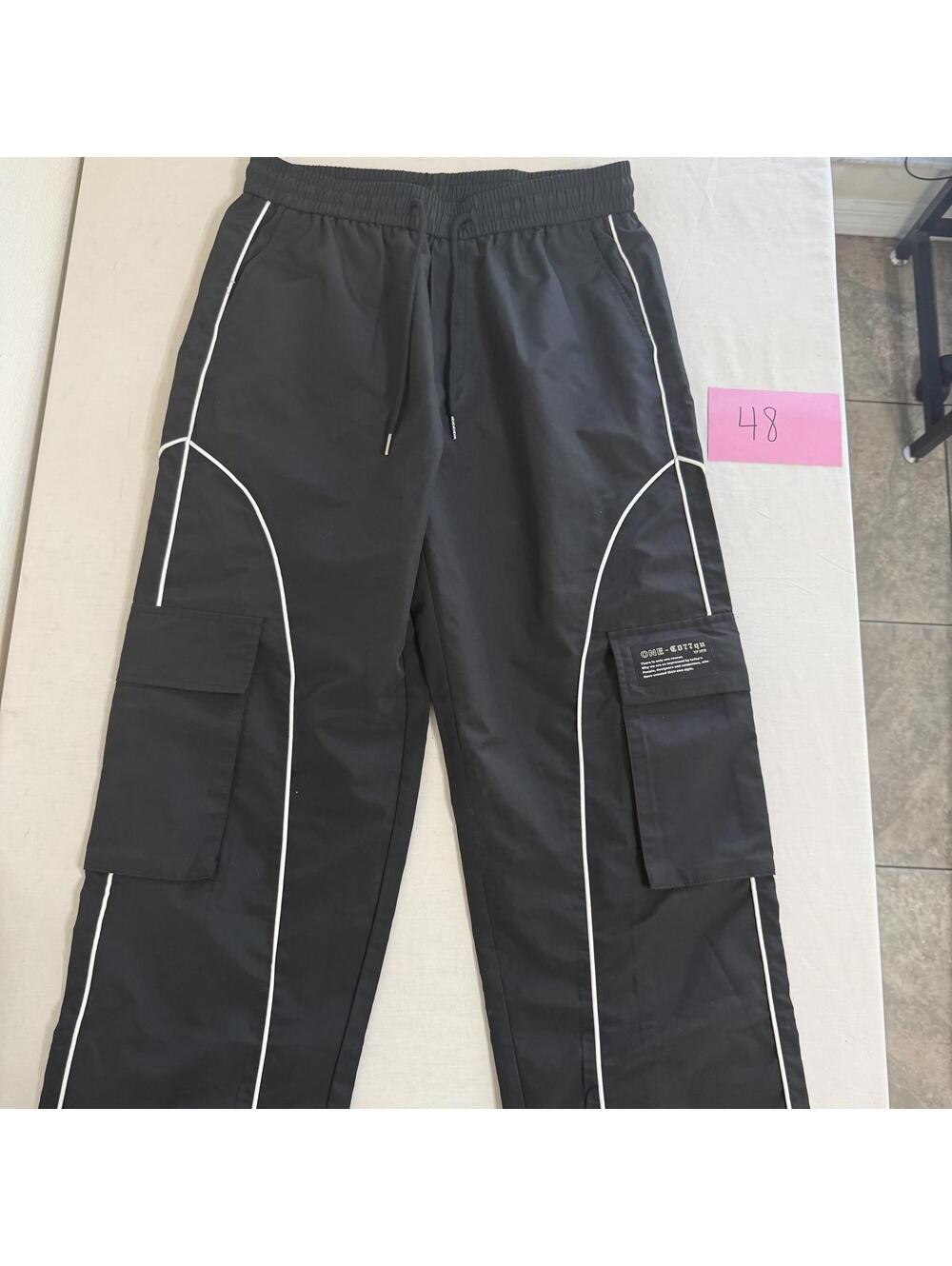 Men's Black Athletic Pants with White Piping Detail Size Medium